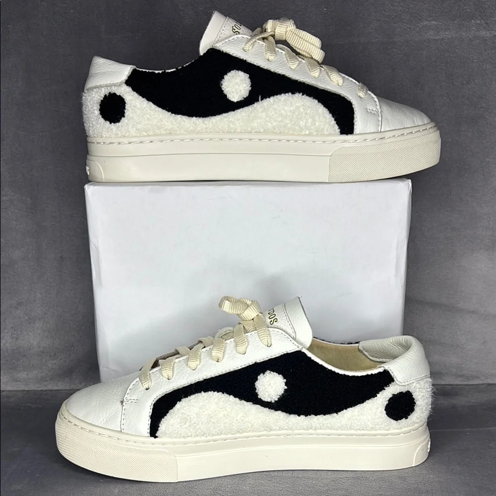 Soludos Women’s Cow Print Leather Sneakers Black White Size 10 Casual Shoes